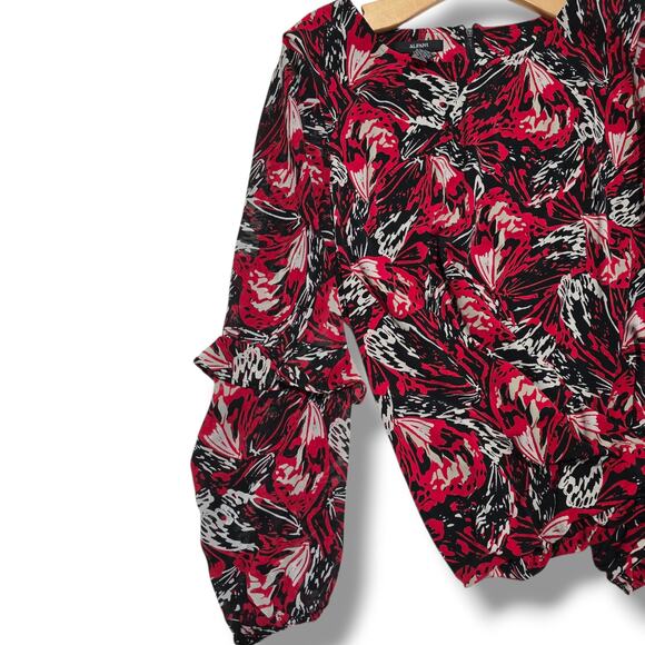 Alfani Women’s Red Black Abstract Print Long Sleeve Ruffle Blouse – Size Large - Picture 5 of 8